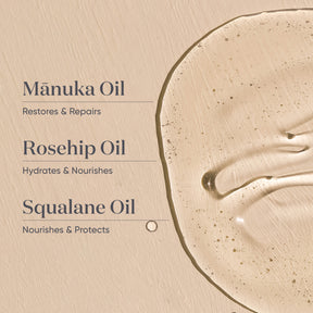 ManukaRx Gentle Oil Cleanser product ingredients listed next to cleanser swatch