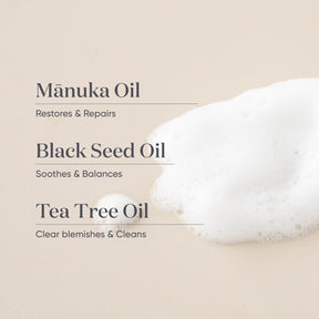 ManukaRx Foaming Face Wash product ingredients listed next to a product swatch of the foaming cleanser