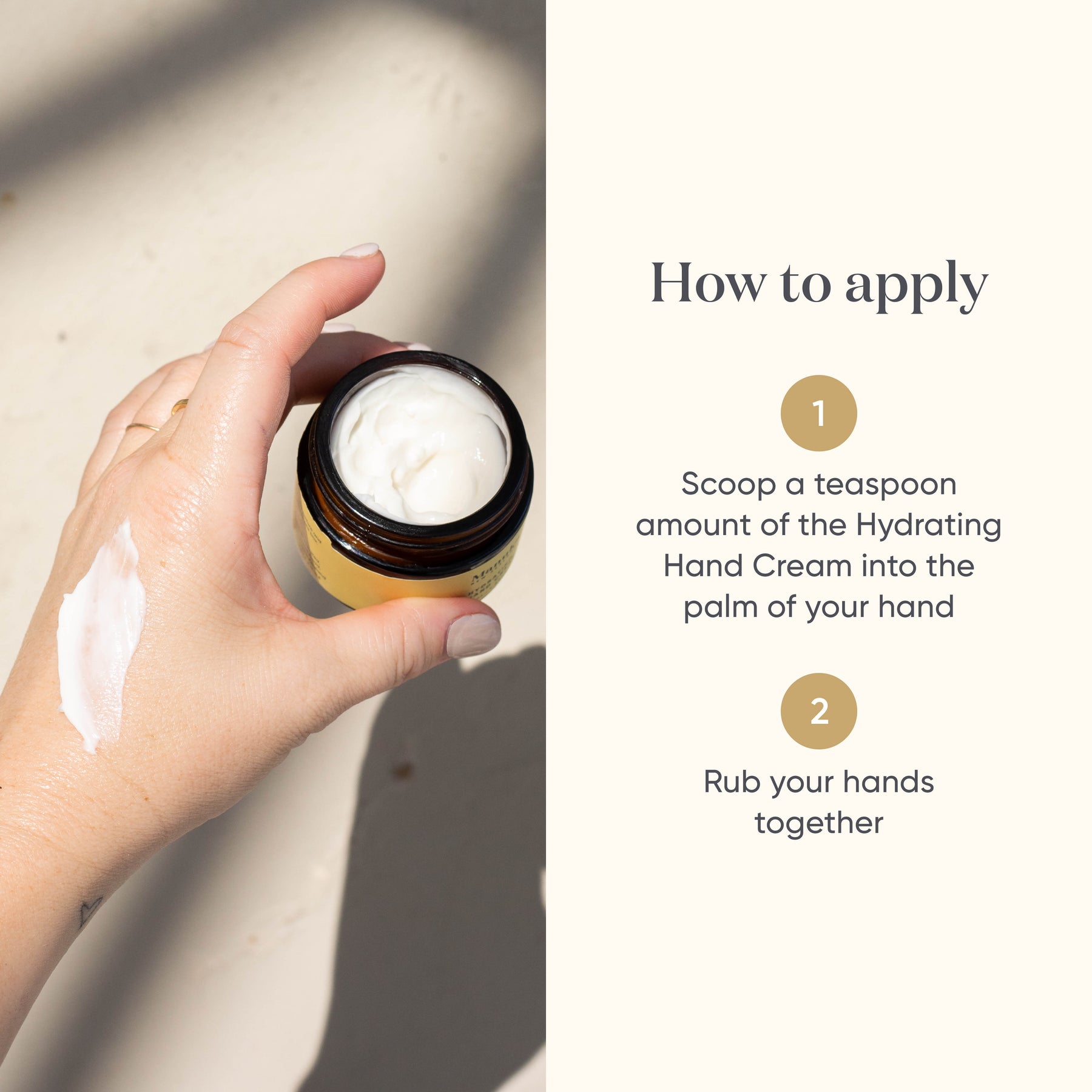 How to apply instructions for ManukaRx Hydrating Hand Cream next to image of hand holding pot of hand cream