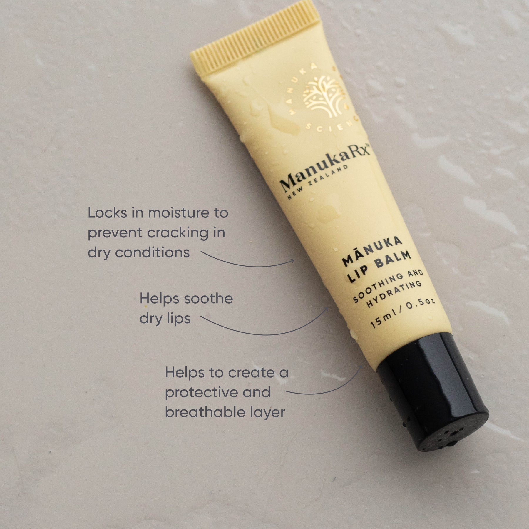 Product benefits list next to ManukaRx Mānuka Lip Balm